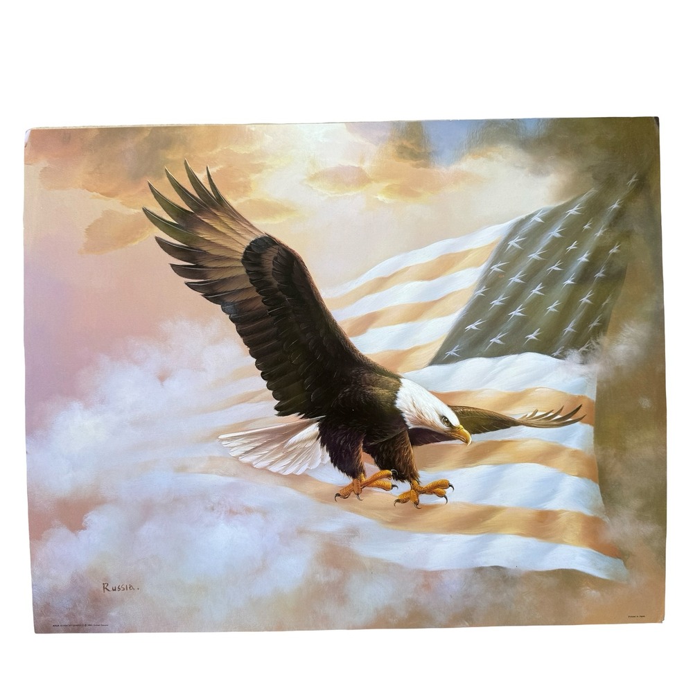 Vintage 1991 United Designs Bald Eagle American Flag Art Print Russia 20x16 252A